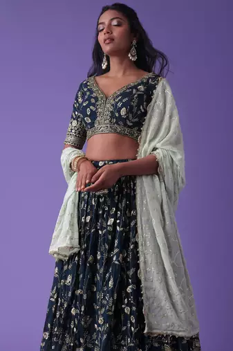 Captivating Blue Sequins Georgette Designer Lehenga Choli