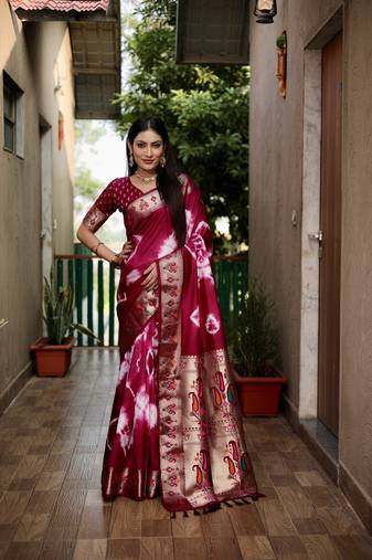 Wine Woven Design Shibori silk blend Saree With Blouse