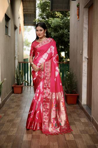 Pink Woven Design Shibori Silk Saree With Blouse