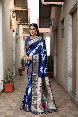 Navy Blue Woven Design Shibori silk blend Saree With Blouse 1
