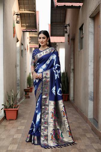 Navy Blue Woven Design Shibori Silk Saree With Blouse