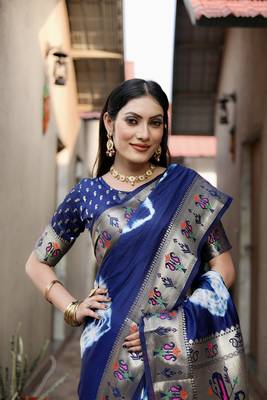 Navy Blue Woven Design Shibori silk blend Saree With Blouse 4
