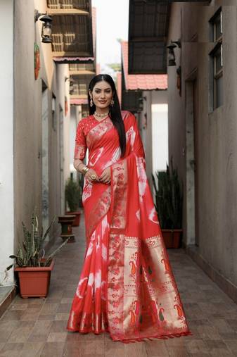Red Woven Design Shibori Silk Saree With Blouse