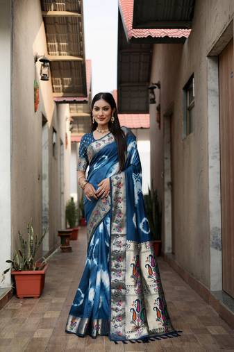 Teal Woven Design Shibori Silk Saree With Blouse