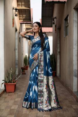 Teal Woven Design Shibori silk blend Saree With Blouse 2