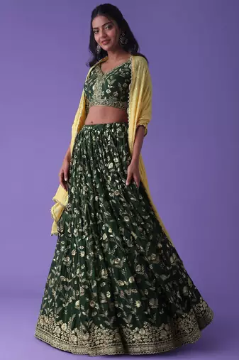  green sequins georgette lehenga set choli with dupatta with dupatta