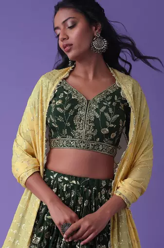  green sequins georgette lehenga set choli with dupatta with dupatta
