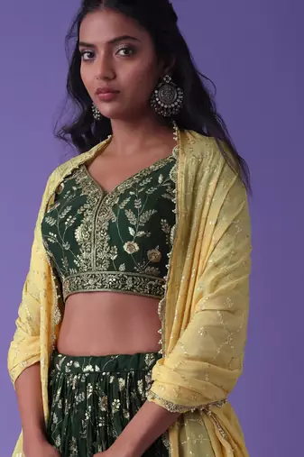  green sequins georgette lehenga set choli with dupatta with dupatta