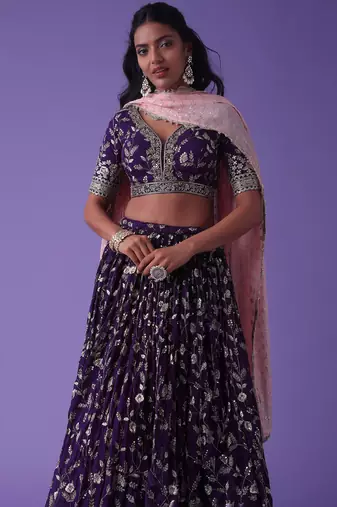 ravishing purple sequins georgette lehenga set choli with dupatta
