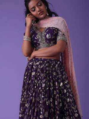 ravishing purple sequins georgette lehenga set choli with dupatta 5