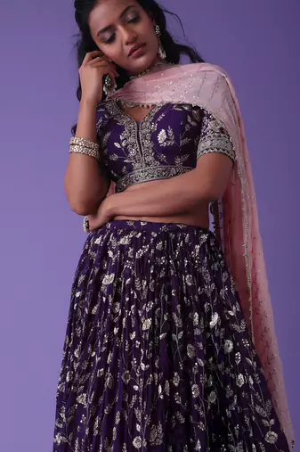 ravishing purple sequins georgette lehenga set choli with dupatta