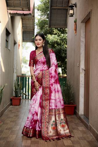 Wine Woven Design Shibori Silk Saree With Blouse