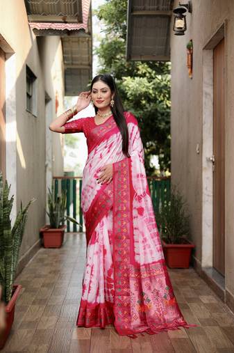 Pink Woven Design Shibori Silk Saree With Blouse