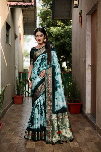 Green Woven Design Shibori Silk Saree With Blouse