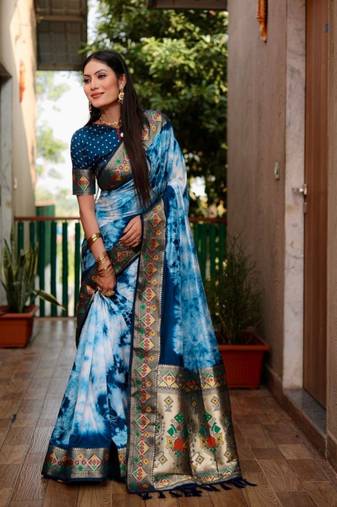 Teal Woven Design Shibori Silk Saree With Blouse