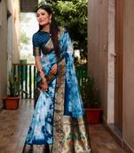 Teal Woven Design Shibori silk blend Saree With Blouse