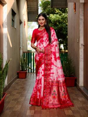 Red Woven Design Shibori silk blend Saree With Blouse 1