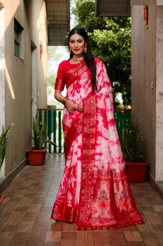 Red Woven Design Shibori Silk Saree With Blouse
