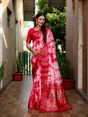Red Woven Design Shibori silk blend Saree With Blouse 3