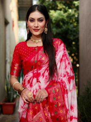 Red Woven Design Shibori silk blend Saree With Blouse 4