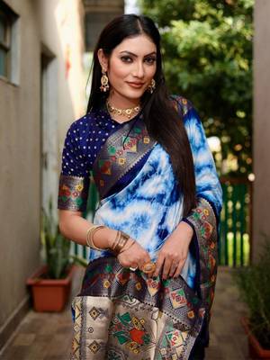 Navy Blue Woven Design Shibori silk blend Saree With Blouse 2