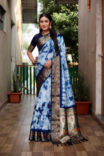 Navy Blue Woven Design Shibori Silk Saree With Blouse