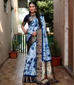 Navy Blue Woven Design Shibori silk blend Saree With Blouse