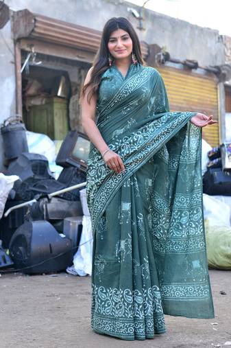 Shivanya handicrafts hand block printed women mulmul cotton sarees for women attach blouse piece sh-1568