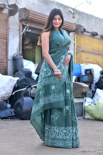 Shivanya handicrafts hand block printed women mulmul cotton sarees for women attach blouse piece sh-1568