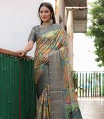 Grey Digital Printed Dola Silk Blend Saree With Zari Weaving Border
