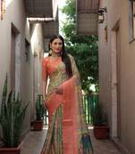 Orange Digital Printed Dola Silk Blend Saree With Zari Weaving Border