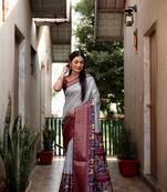Light Grey Bandhej & Kalamkari Digital Printed Saree With Zari Weaving Border