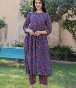  blue cotton printed gathered kurta set with front slit