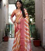 Orange Lehriya Shibori Digital Printed Saree With Zari Weaving Border