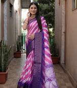 Purple Lehriya Shibori Digital Printed Saree With Zari Weaving Border