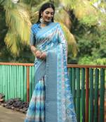 Blue Digital Printed Dola Silk Blend Saree With Zari Weaving Border