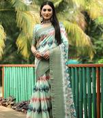 Light Green Digital Printed Dola Silk Blend Saree With Zari Weaving Border