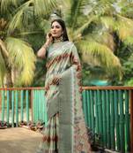 Mehendi Digital Printed Dola Silk Blend Saree With Zari Weaving Border