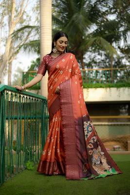 Orange kalamkari digital printed saree with zari weaving border 1