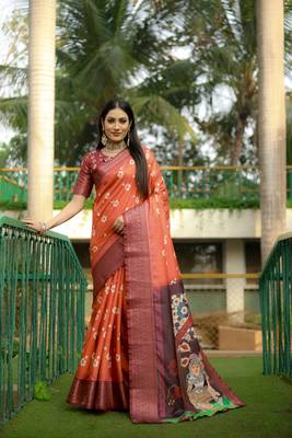 Orange kalamkari digital printed saree with zari weaving border 2