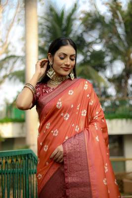 Orange kalamkari digital printed saree with zari weaving border 3