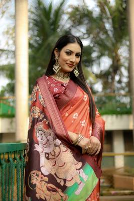Orange kalamkari digital printed saree with zari weaving border 4