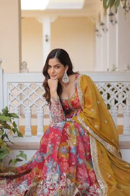 Women's pink printed russain silk with embroidered zari sequins work wedding gown 2
