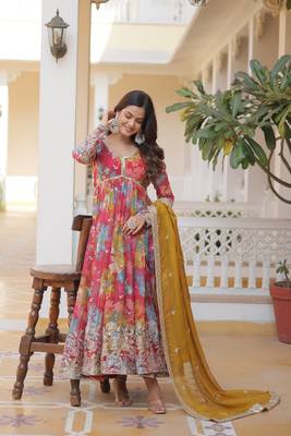 Women's pink printed russain silk with embroidered zari sequins work wedding gown 3