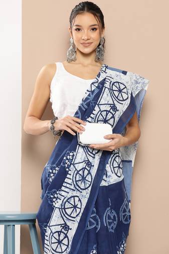  blue mulmul cotton sarees with unstitched blouse