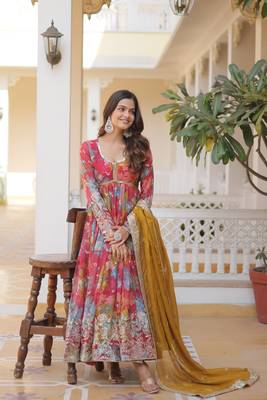 Women's pink printed russain silk with embroidered zari sequins work wedding gown 5