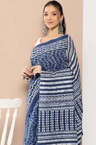  blue mulmul chevron cotton sarees with unstitched blouse