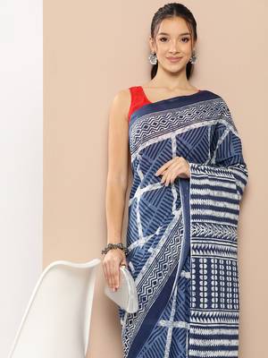  blue striped mulmul cotton sarees with unstitched blouse 1