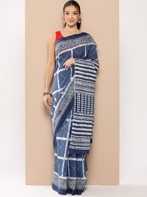  blue striped mulmul cotton sarees with unstitched blouse 2