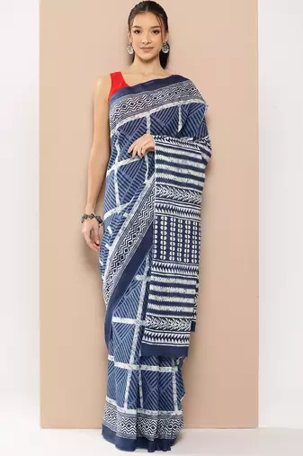  blue striped mulmul cotton sarees with unstitched blouse
